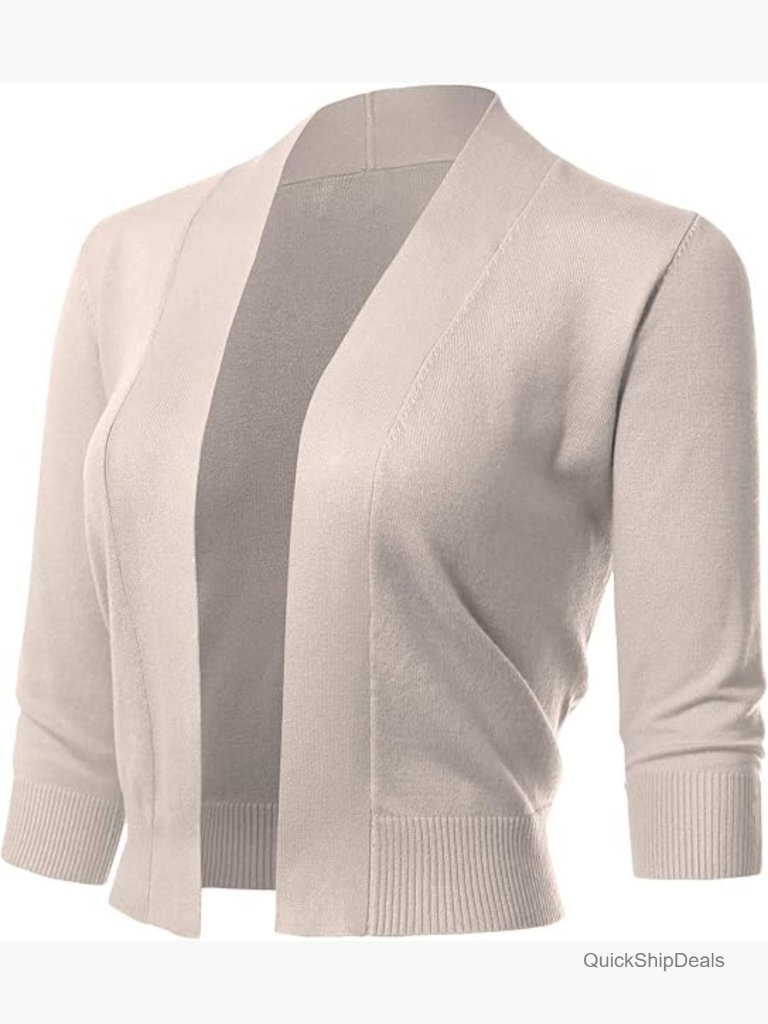 3/4 Sleeve Cropped Bolero Shrug Cardigan Lightweight Open-Front